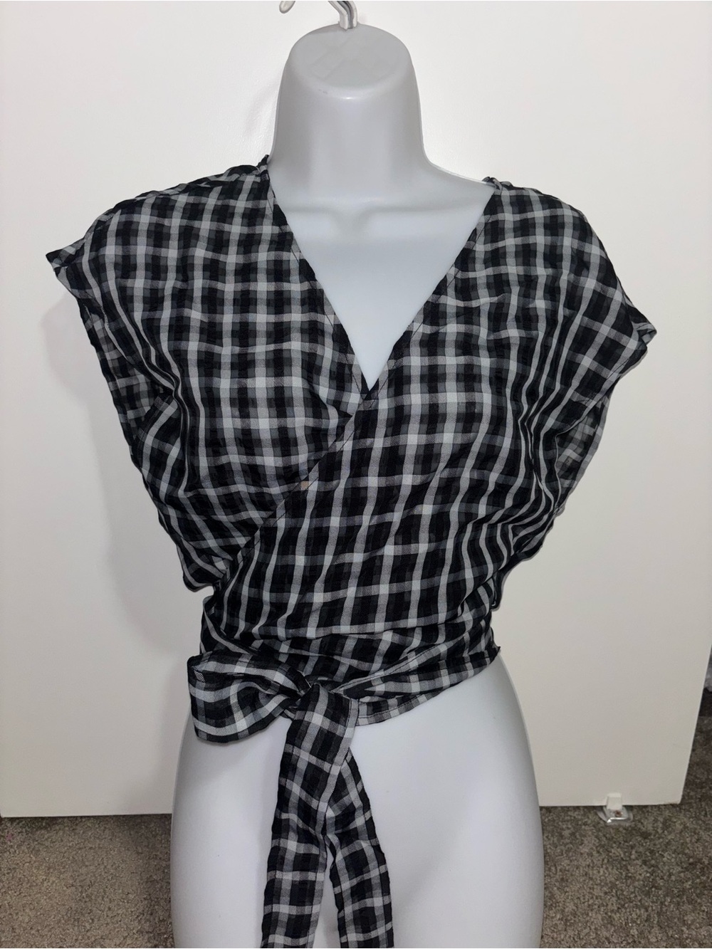 Halara Black and White Checkered Plaid Wrap Top